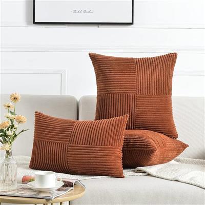 Rust Boho Decorative Throw Pillow Covers 18x18 Inch 12X20 inch for Couch Bed Sofa, Farmhouse Fall Home Decor, Soft Corss Corduroy Patchwork Textured Terracotta Accent Cushion Case 45x45 cm