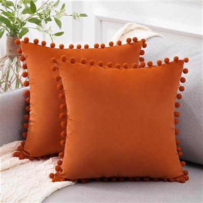 Decorative Throw Pillow Covers Soft Velvet Pom Poms Pillow Cases with Invisible Zipper Home Decor Cushion Cover Cases for Sofa Bedroom Living Room