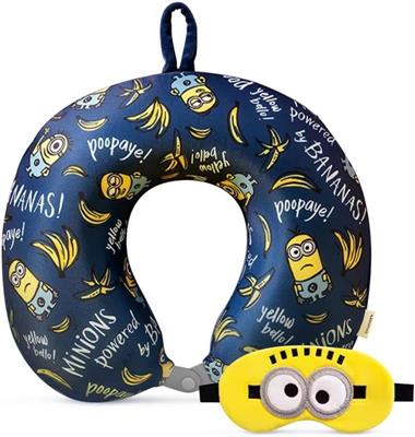 Travel Neck Pillow with Eye Mask, Cute Cartoon 100% Memory Foam Neck Support Pillow, Lightweight Travelling Pillow Set for Airplane, Car and Home Use