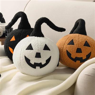 Happy Halloween Pumpkin Shaped Throw Pillow, Teddy Fleece Jack-o’-Lantern Pumpkin Pillow, Ultra Soft Sherpa Fall Decorative Halloween Cushion Pillow, Off White, 9.5 x 9.5 inches