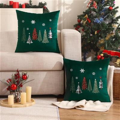 Christmas Embroidery Throw Pillow Covers 18x18 inch Set of 2 Christmas Dec Velvet Pillow Forest Green Christmas Tree Cushion Pillow Soft Square Holiday