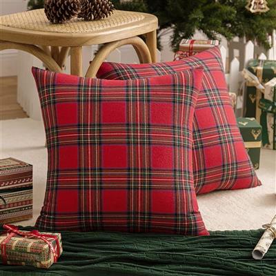 Christmas PlaDecorative Throw Pillow Scottish Tartan Cushion for Farmhouse Home Holiday Decor Red and White, 18 x 18 Inches