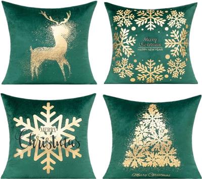 Christmas Decorations Throw Pillow 16X16 Set of Winter Xmas Indoor Home Décor Ornaments Velvet Navidad Cushion for Sofa Christmas Tree Snowflake Reindeer,Dark Green Gold