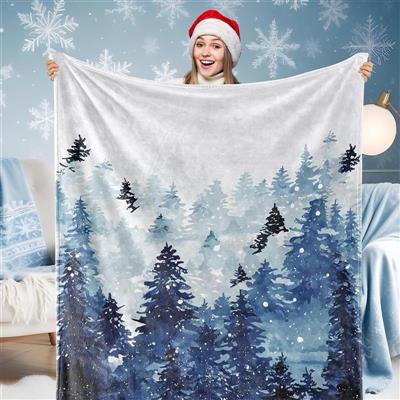 Christmas Fuzzy Blanket Watercolor Pine Tree Forest Blue Throw Blanket Winter Xmas Soft Cozy Flannel Blanket for Home Party Bed Sofa Couch, 50 x 60 Inch