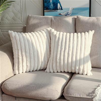 Double-Sided Faux Fur Plush Decorative Throw Pillow Covers Fuzzy Striped Soft Pillowcase Cushion for Sofa Couch Bedroom Home, Cream White